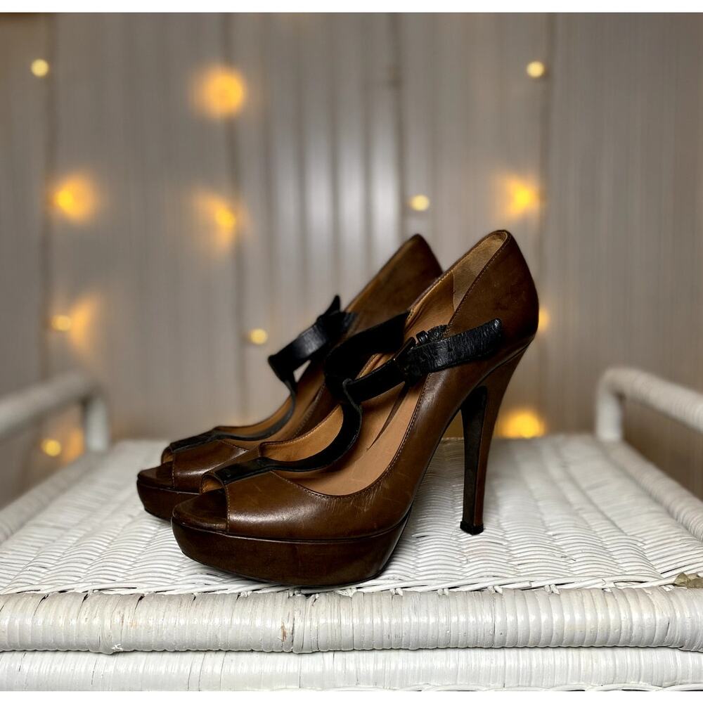 Kurt Geiger Brown and Black Platform Peep-Toe Heels - Picture 6 of 11